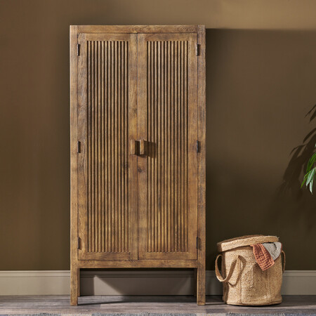 Mango wood wardrobe tall cabinet with reeded doors