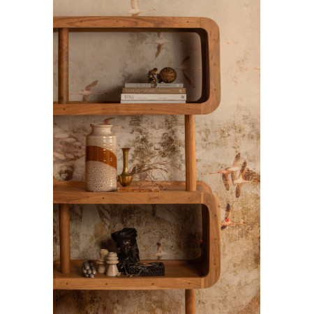Acacia wood shelving unit with an snake-like or S shape and four main shelves for books and decor 2