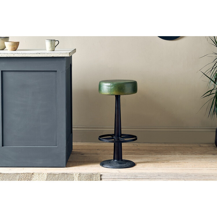 Leather and Iron Bar Stool in Chocolate Brown or Rich Green from Accessories for the Home