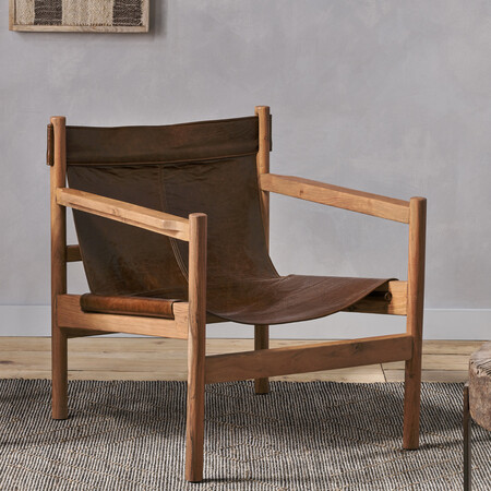 Dalibar Tan Leather and Acacia Wood Lounger from Accessories for the Home