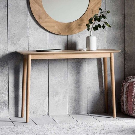 Oak wood console table with thin legs and Scandi styling